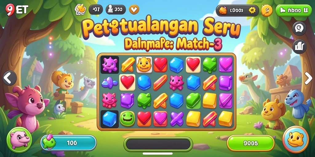 Tampilan gameplay seru 9ET dengan tantangan Match-3 yang menarik.