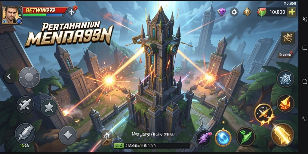 Tampilan gameplay BETWIN999 dengan menara pertahanan yang megah.