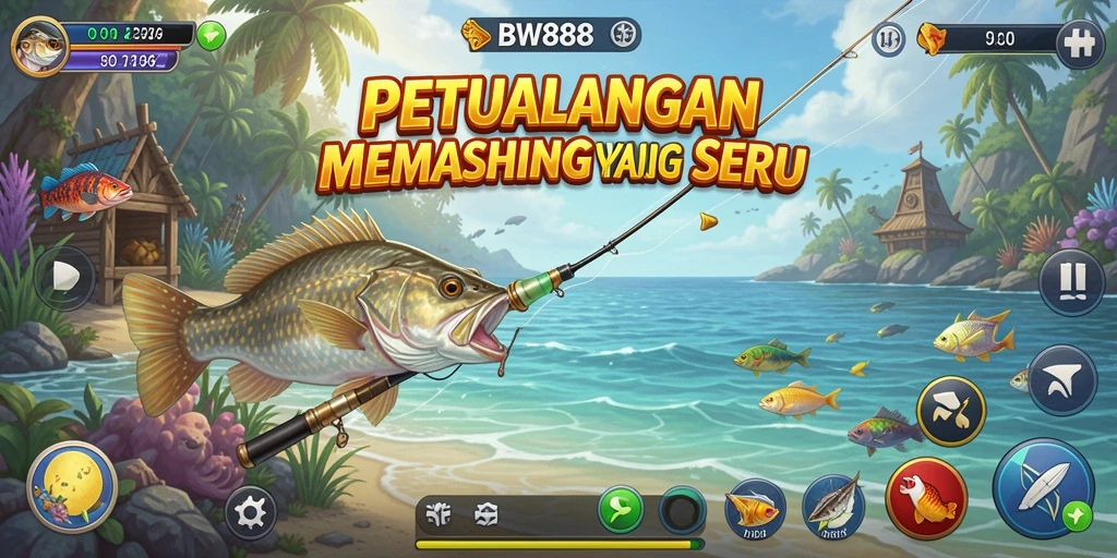 Tampilan utama gameplay BW888 menunjukkan pemain menangkap ikan dengan sukses.