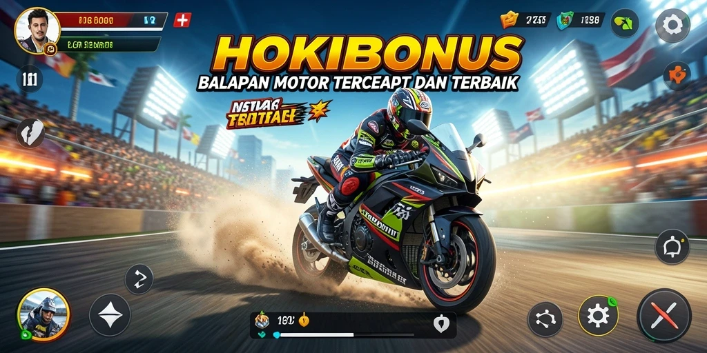 Screenshot HOKIBONUS menunjukkan aksi balapan motor yang mendebarkan.