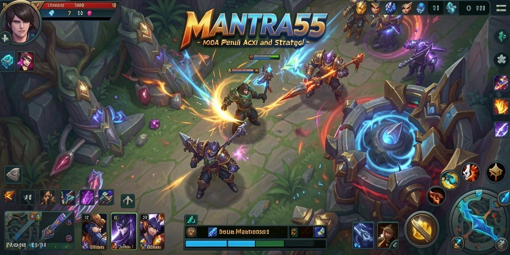 Screenshot utama MENTRA55 yang menampilkan aksi gameplay MOBA yang menegangkan.