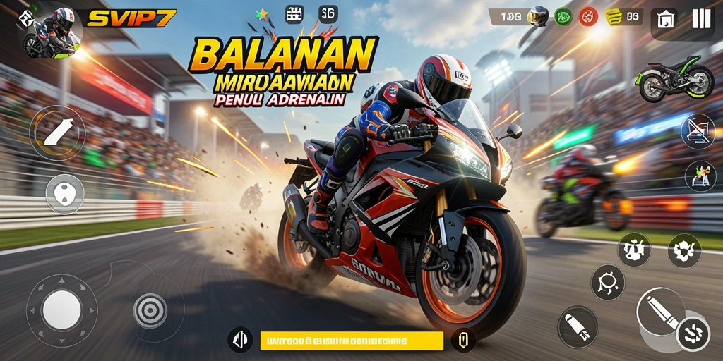 Screenshot utama SVIP7 menampilkan balapan motor yang mendebarkan.